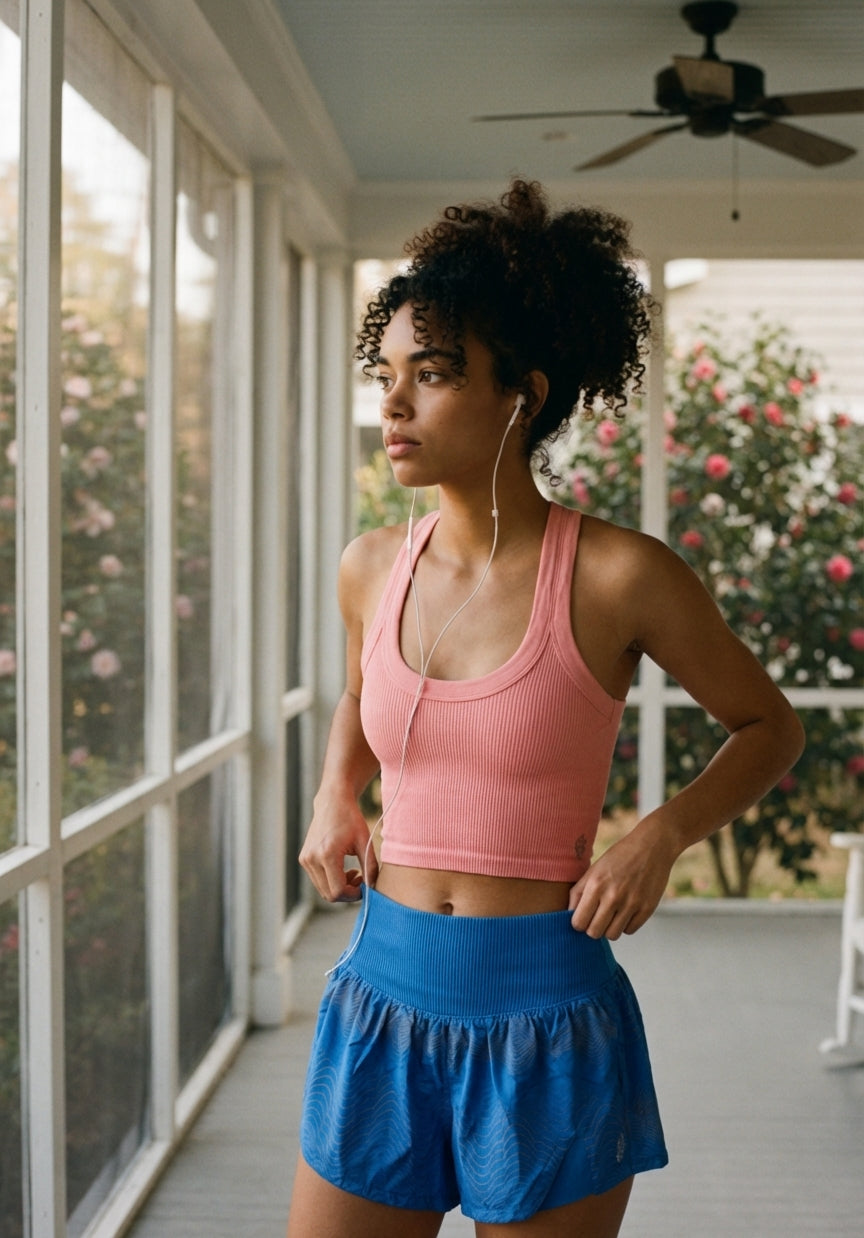 AI Editorial - FREE PEOPLE MOVEMENT CARPE DIEM REFLECTIVE SHORT