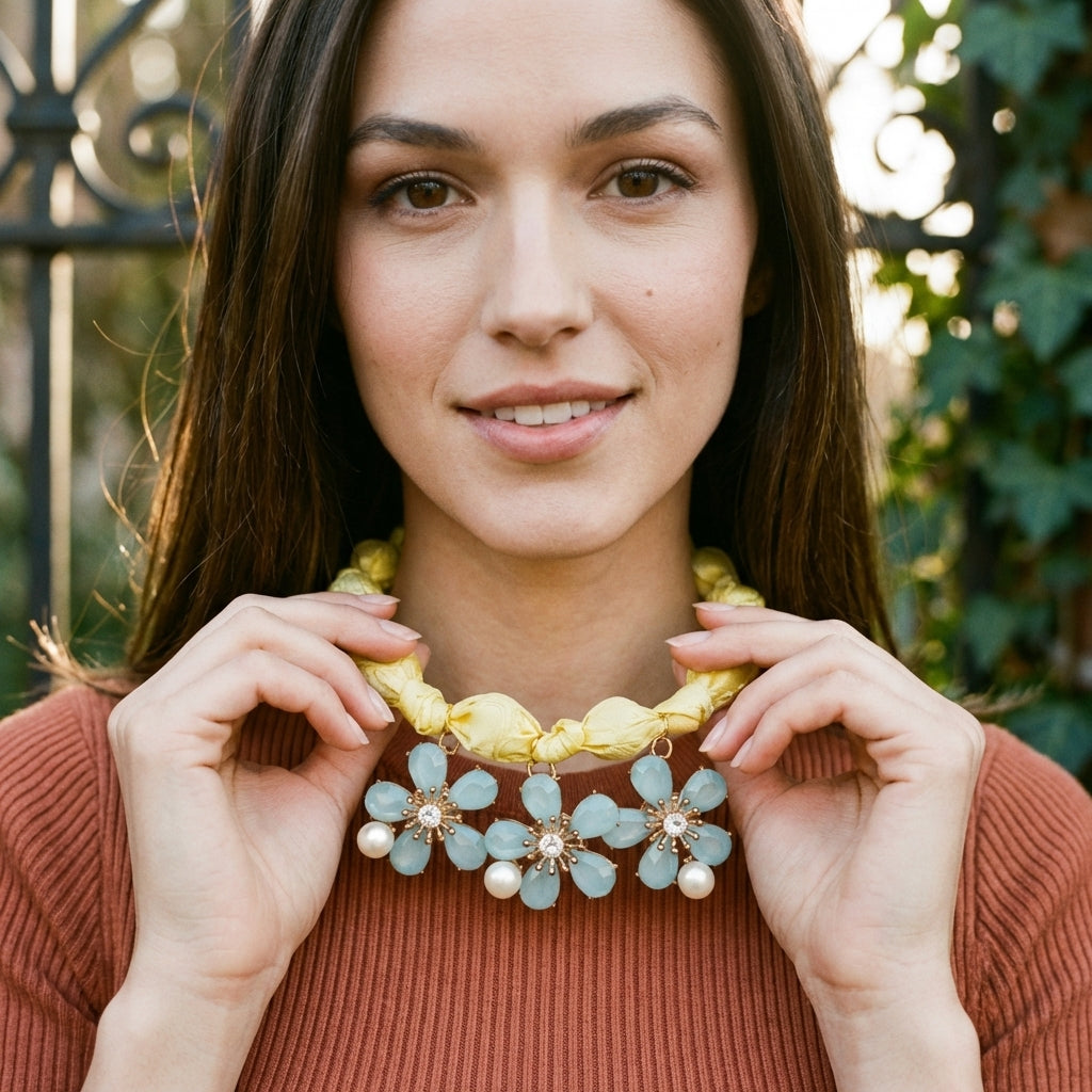 AI Editorial - OOAK Knotted Silk Scarf Floral Pendant Statement Necklace
