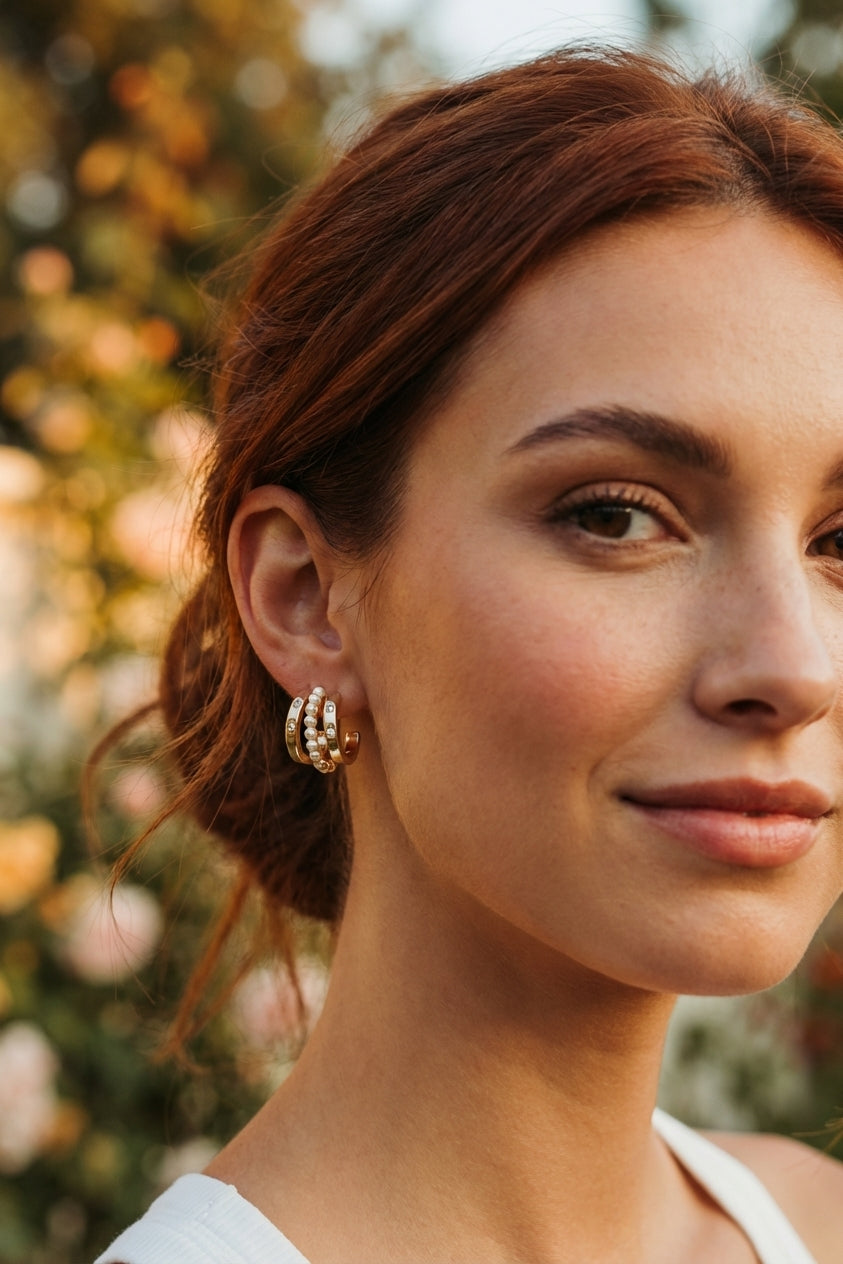 AI Editorial - Mini Three Line Pearl Bead Hoop Earrings