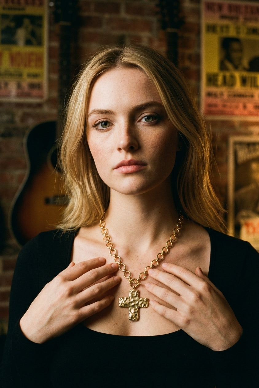 AI Editorial - Hammered Flat Cross Pendant Toggle Chain Necklace