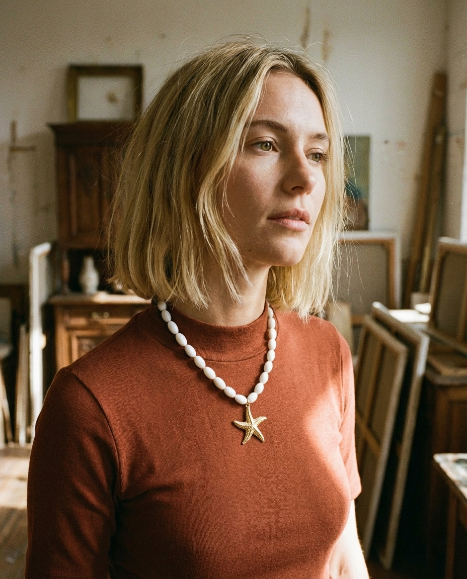 AI Editorial - Swirl Starfish Pendant Oval Beaded Necklace