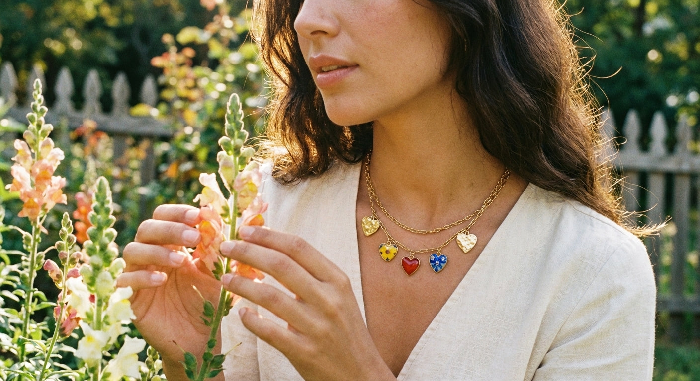 AI Editorial - Intricate Enamel And Metallic Heart Charms Statement Necklace