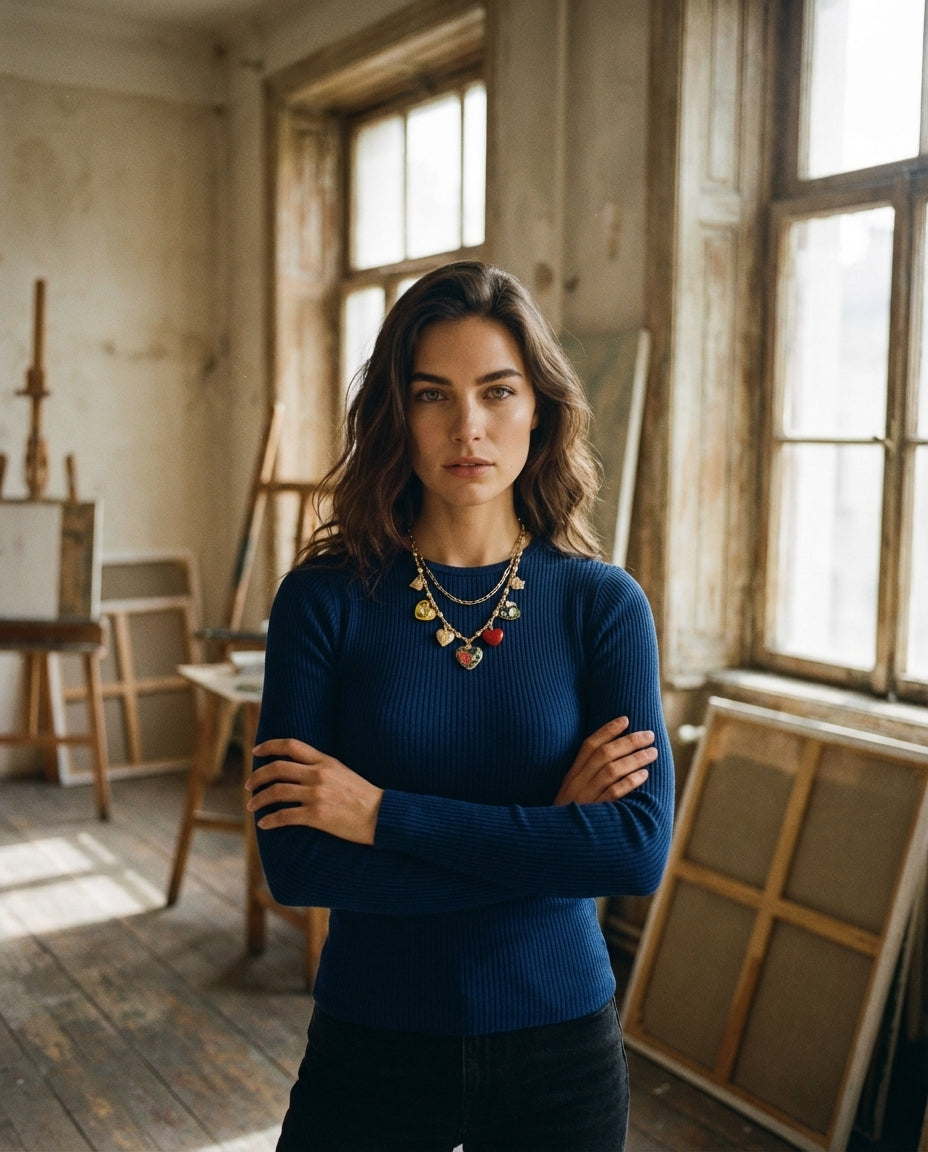 AI Editorial - Intricate Enamel And Metallic Heart Charms Statement Necklace
