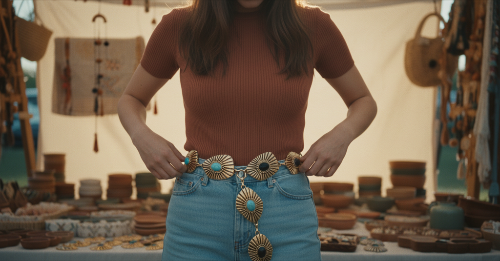 AI Editorial - Stone Detail Concho Chain Link Belt