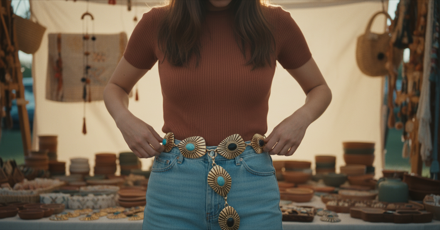 AI Editorial - Stone Detail Concho Chain Link Belt