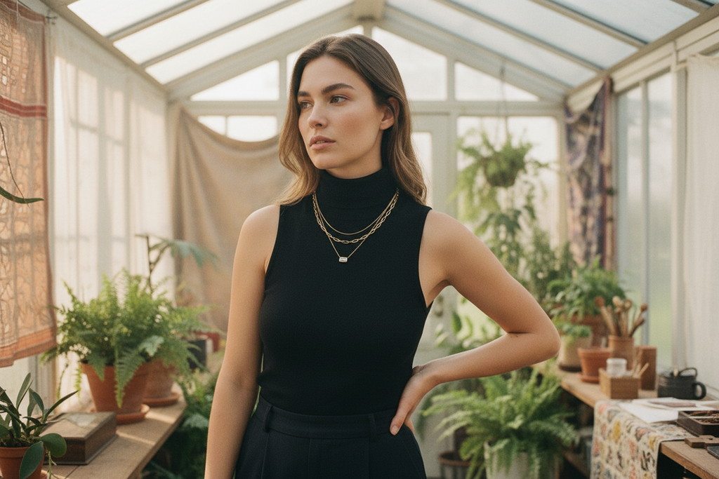 AI Editorial - Gold Dipped Cz Baguette Pendant Layered Chains Necklace