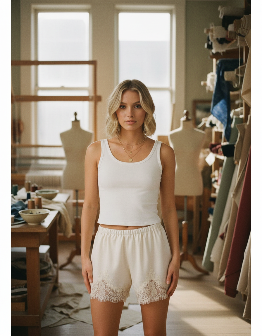 AI Editorial - Elastic Waist Mid Rise Lace Trim Shorts