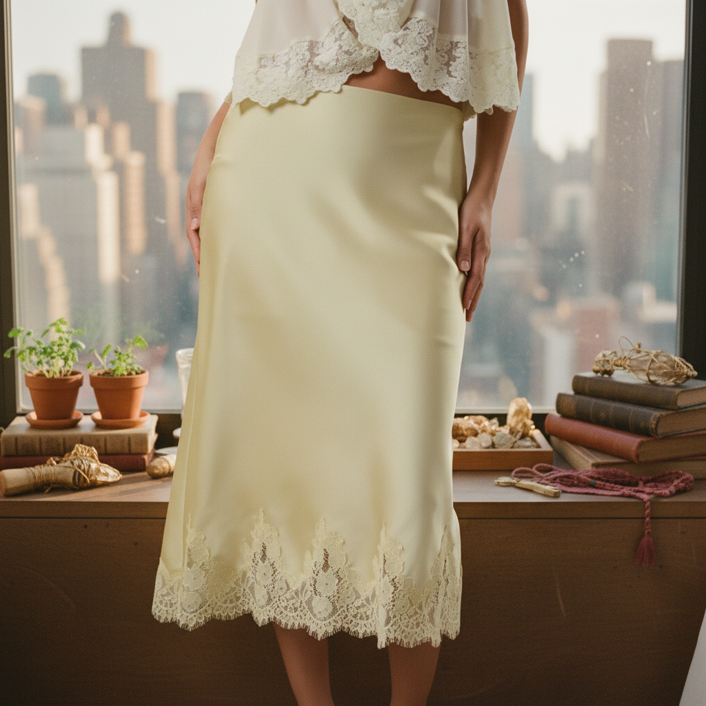 AI Editorial - Lace Trim Bias Cut Midi Skirt