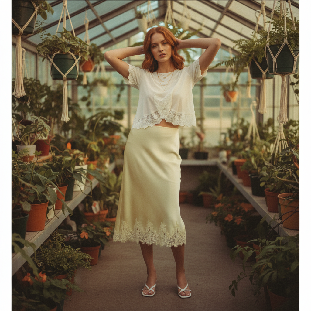 AI Editorial - Lace Trim Bias Cut Midi Skirt