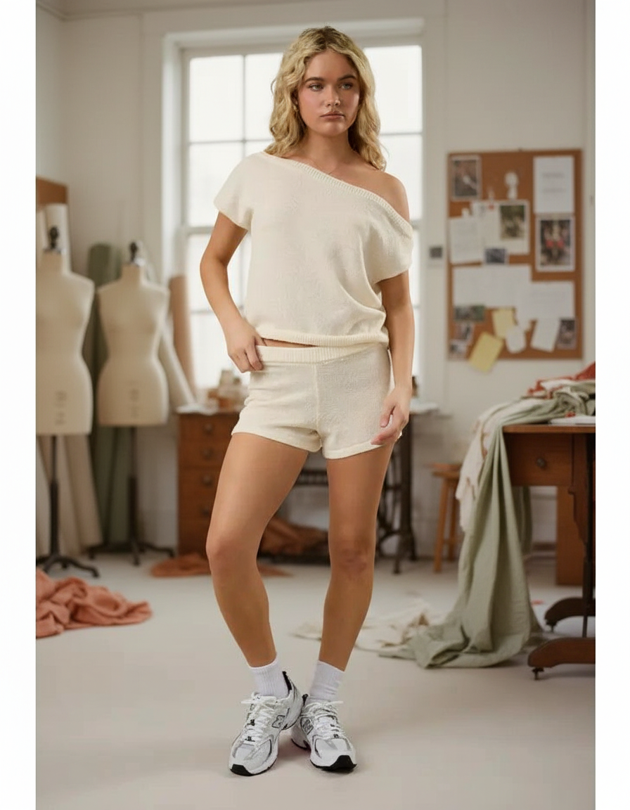 AI Editorial - Asymmetrical Shoulder Sweater Top