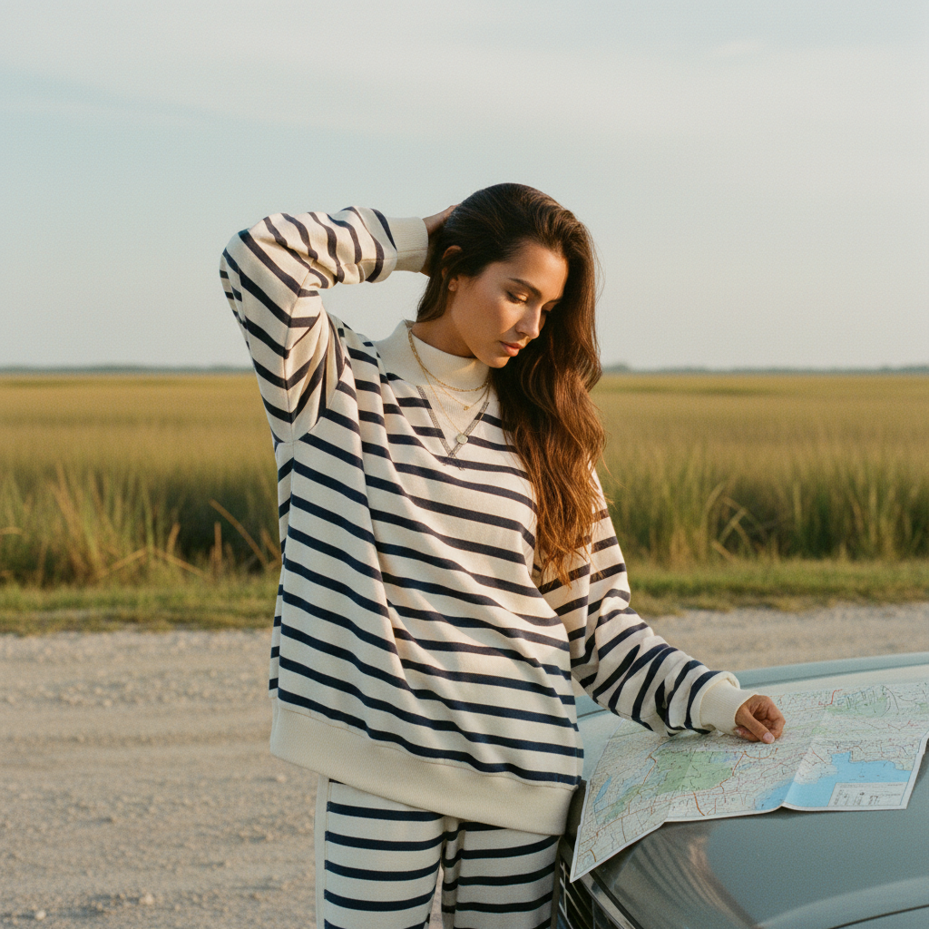 AI Editorial - Ribbed Details Striped Oversized Top