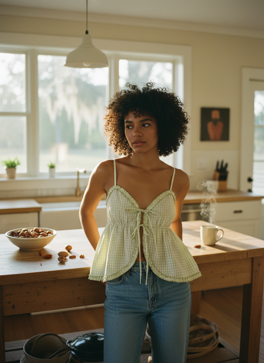 AI Editorial - Tie Front Ruffle Trim Tank Top