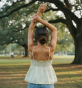 AI Editorial - Tie Front Ruffle Trim Tank Top