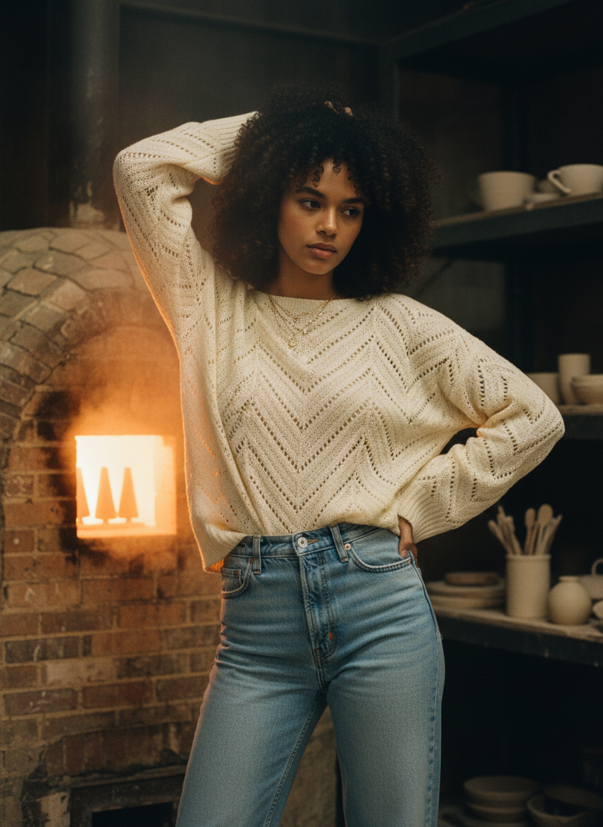AI Editorial - Solid Crochet-Knit Bell-Sleeve Cropped Sweater