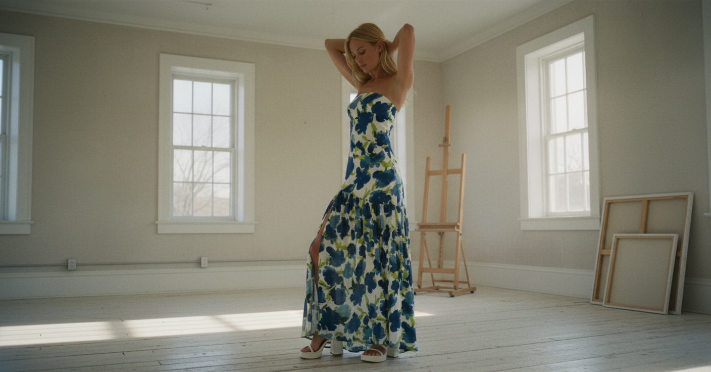 AI Editorial - Floral-Print Crepe Strapless Drop-Waist Maxi Dress
