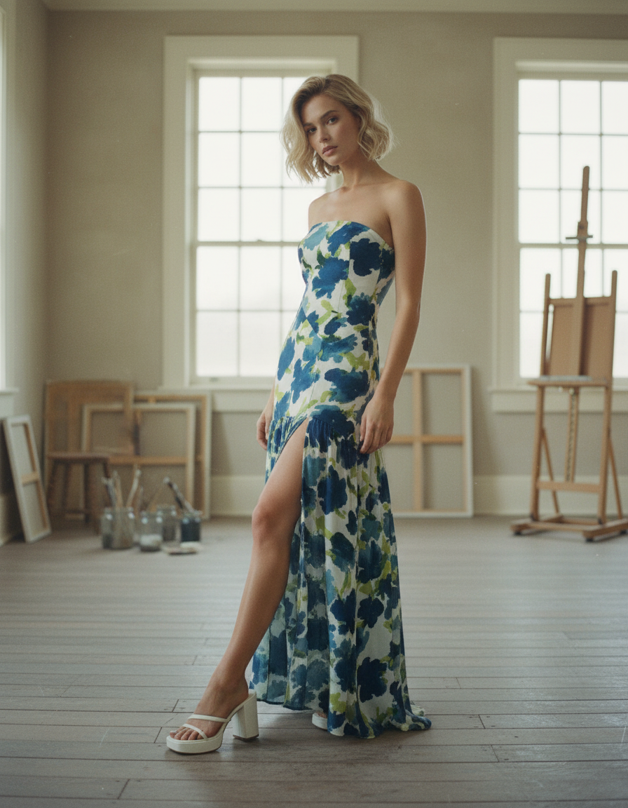 AI Editorial - Floral-Print Crepe Strapless Drop-Waist Maxi Dress