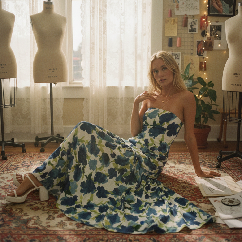 AI Editorial - Floral-Print Crepe Strapless Drop-Waist Maxi Dress