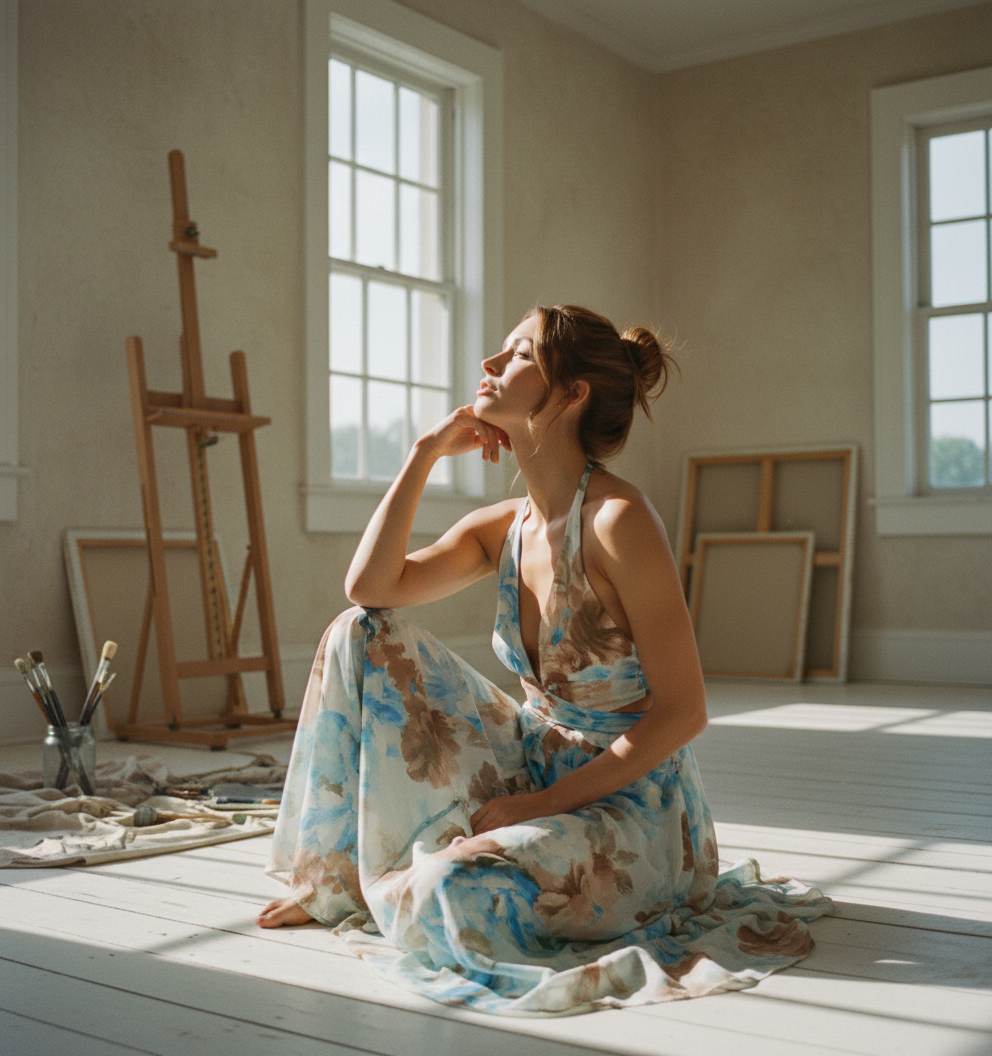 AI Editorial - Floral-Print Mesh Halter-Neck Cutout Maxi Dress