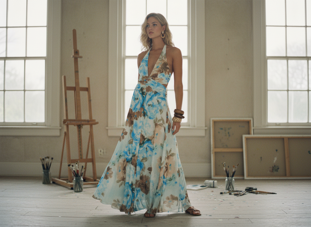 AI Editorial - Floral-Print Mesh Halter-Neck Cutout Maxi Dress