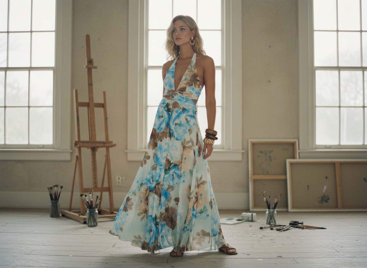 AI Editorial - Floral-Print Mesh Halter-Neck Cutout Maxi Dress