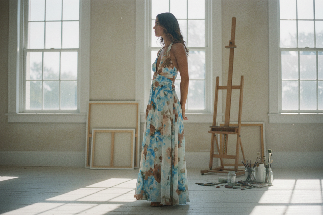 AI Editorial - Floral-Print Mesh Halter-Neck Cutout Maxi Dress