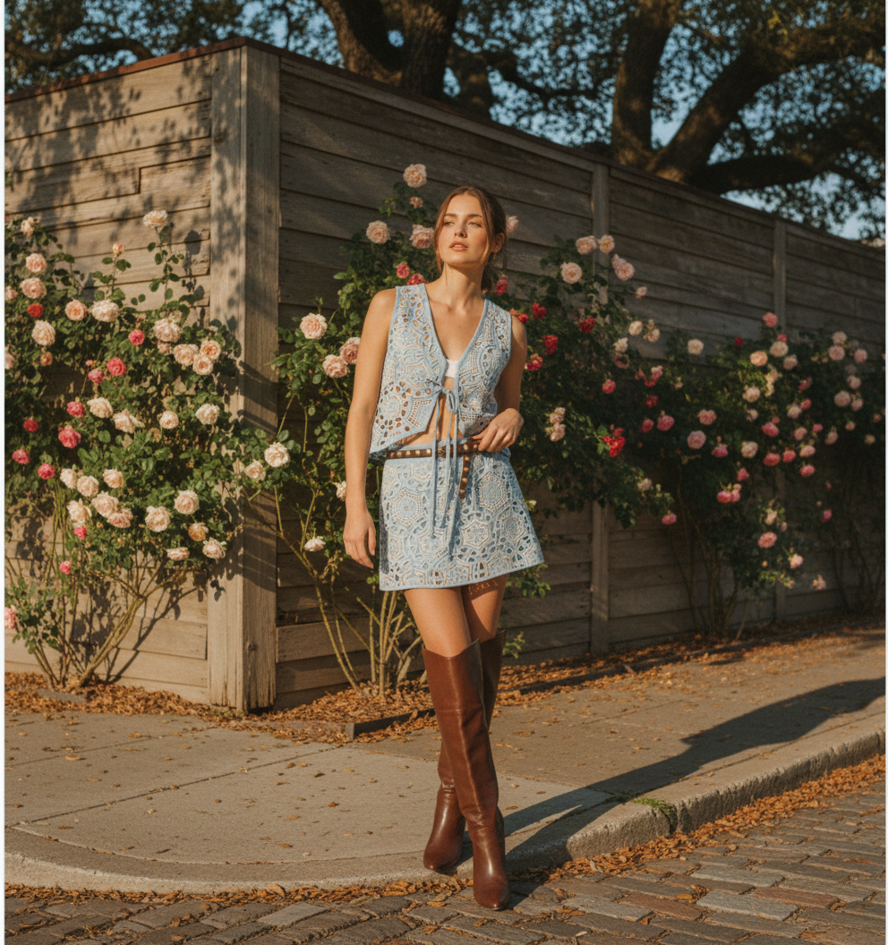 AI Editorial - Denim Cutout Embroidered Mini Skort