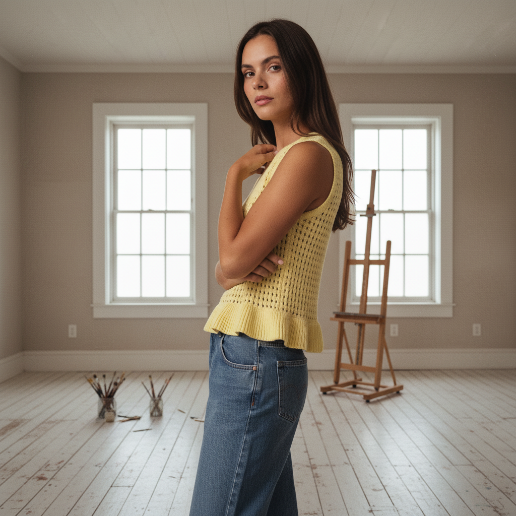 AI Editorial - Sleeveless Open Knit Peplum Top