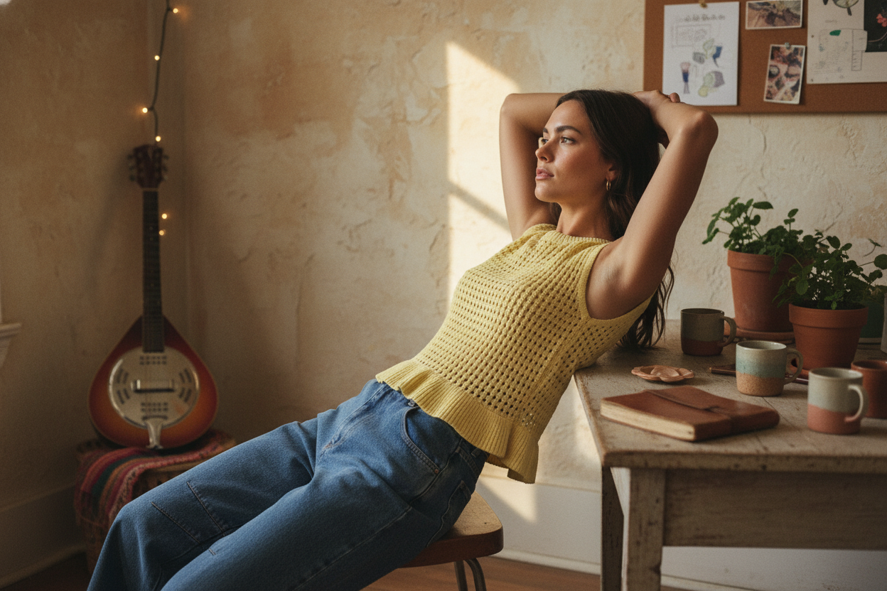 AI Editorial - Sleeveless Open Knit Peplum Top