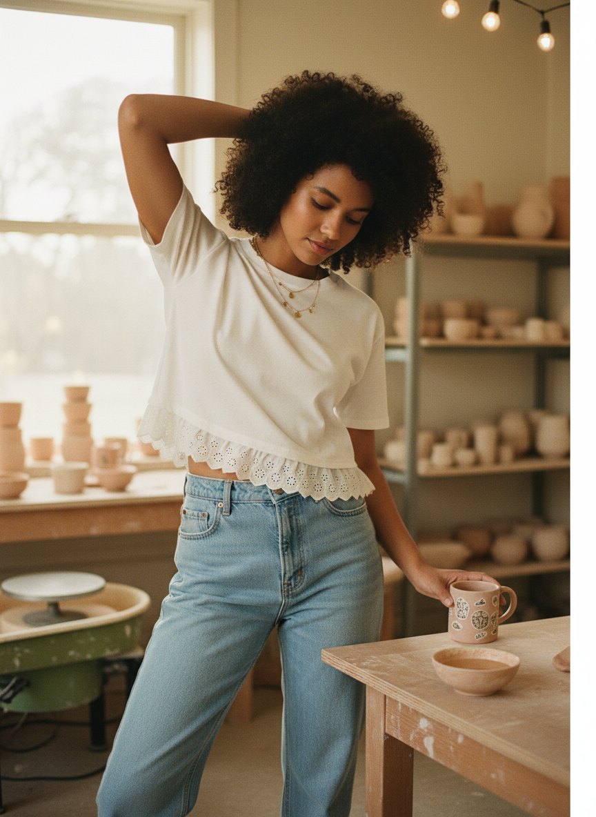 AI Editorial - Eyelet Hem Boxy Knit Top