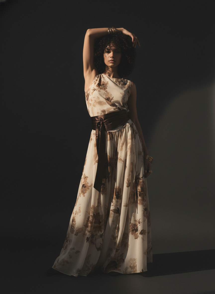 [AI-GEN] Floral Print Chiffon Tie Waist Maxi Skort