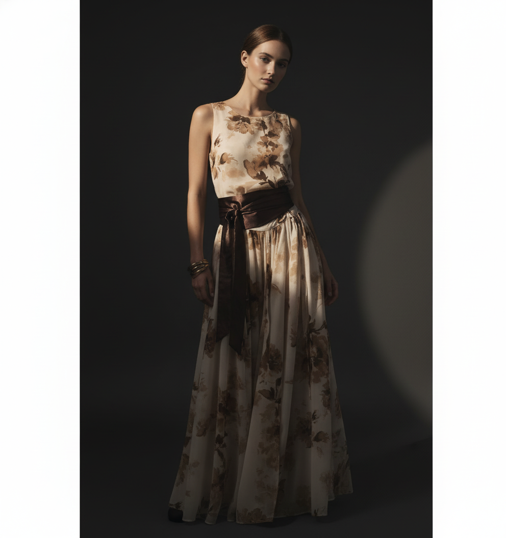 [AI-GEN] Floral Print Chiffon Tie Waist Maxi Skort