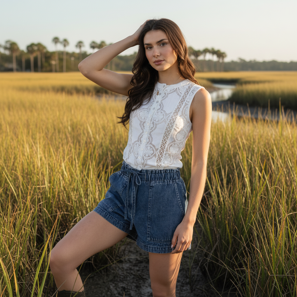 [AI-GEN] Dex Lace Cutout Button Front Tank