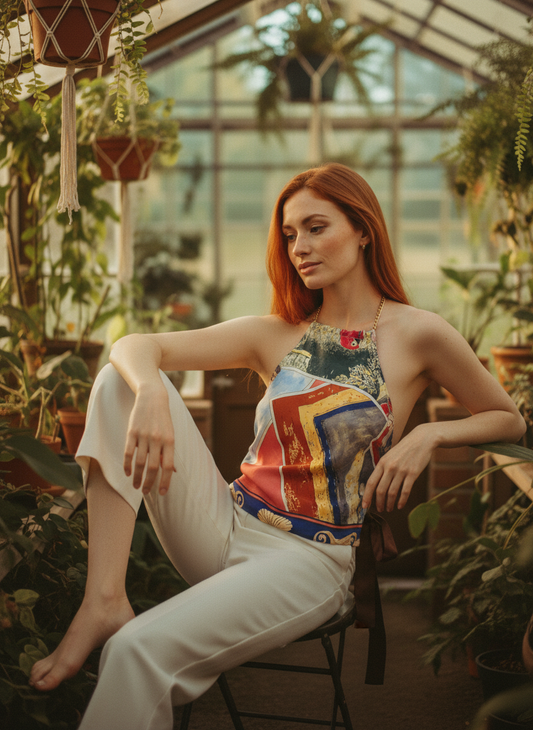 [AI-GEN] OOAK Vintage Silk Scarf Halter Top