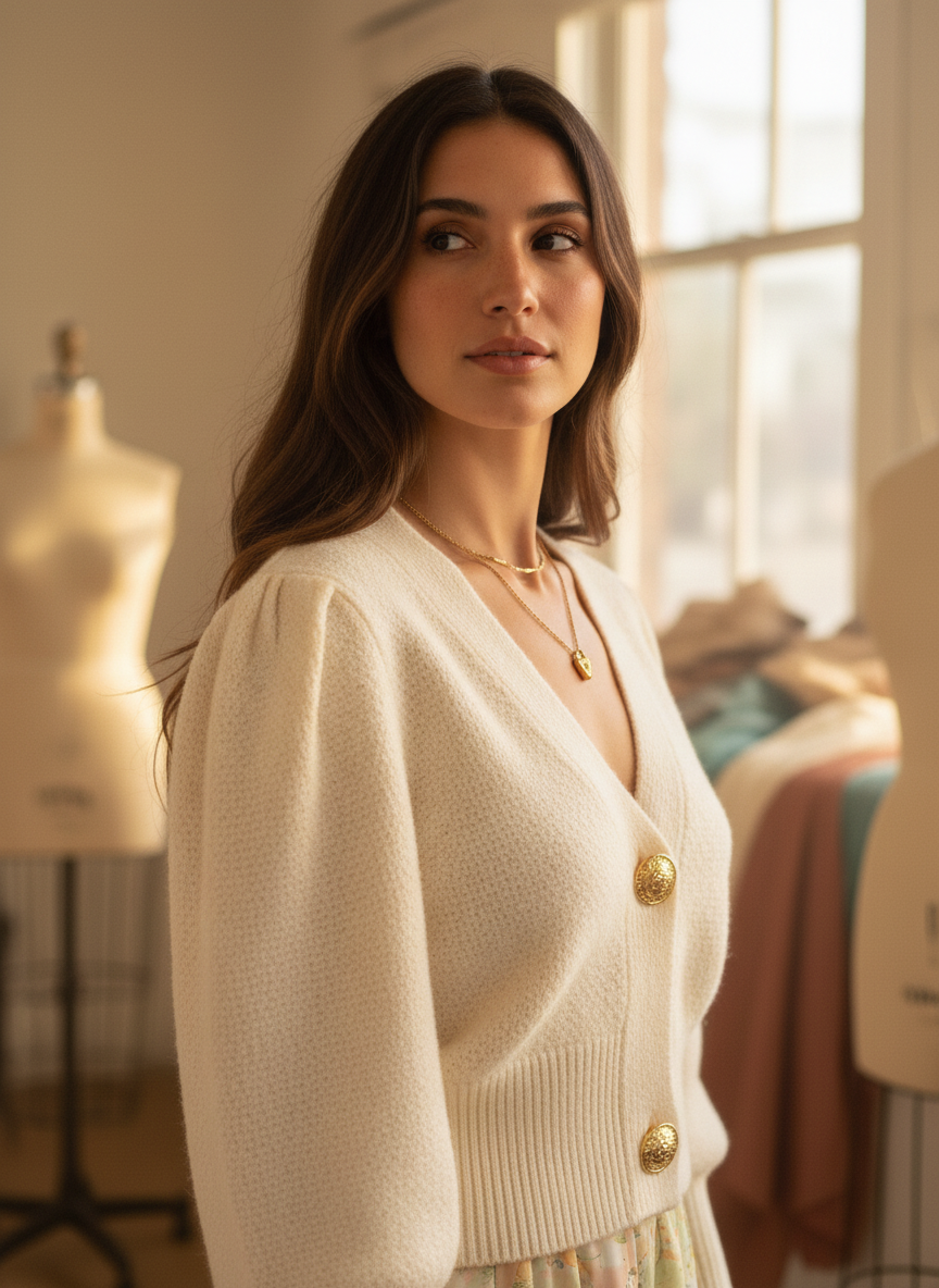 [AI-GEN] ONE GOLD BUTTON CARDI