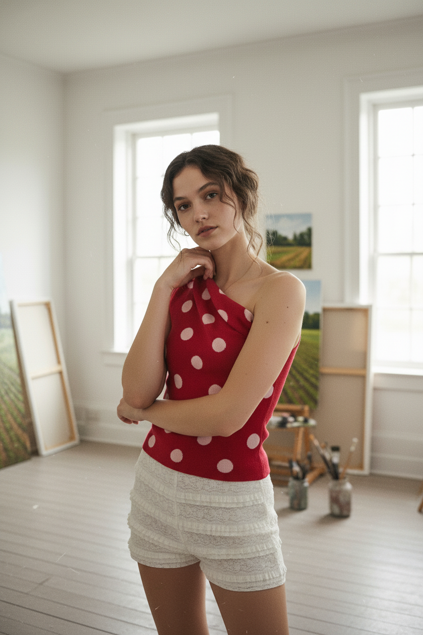 [AI-GEN] POLKA DOT DETAIL ASYMMETRICAL NECK SWEATER TOP
