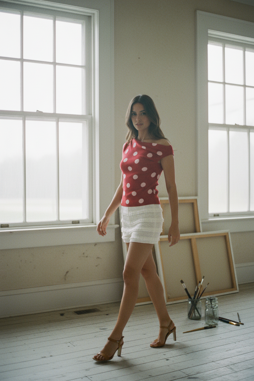 [AI-GEN] POLKA DOT DETAIL ASYMMETRICAL NECK SWEATER TOP