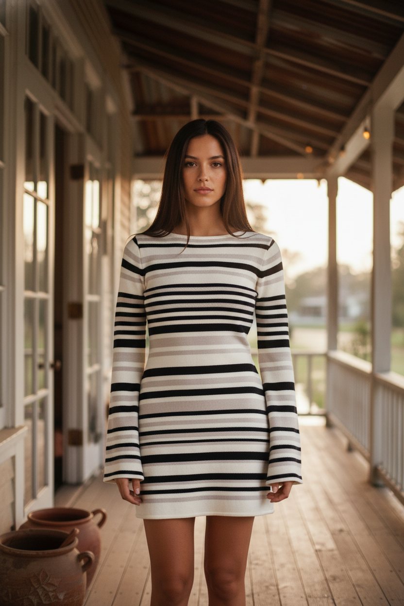 [AI-GEN] BOAT NECK BELL SLEEVE SWEATER DRESS