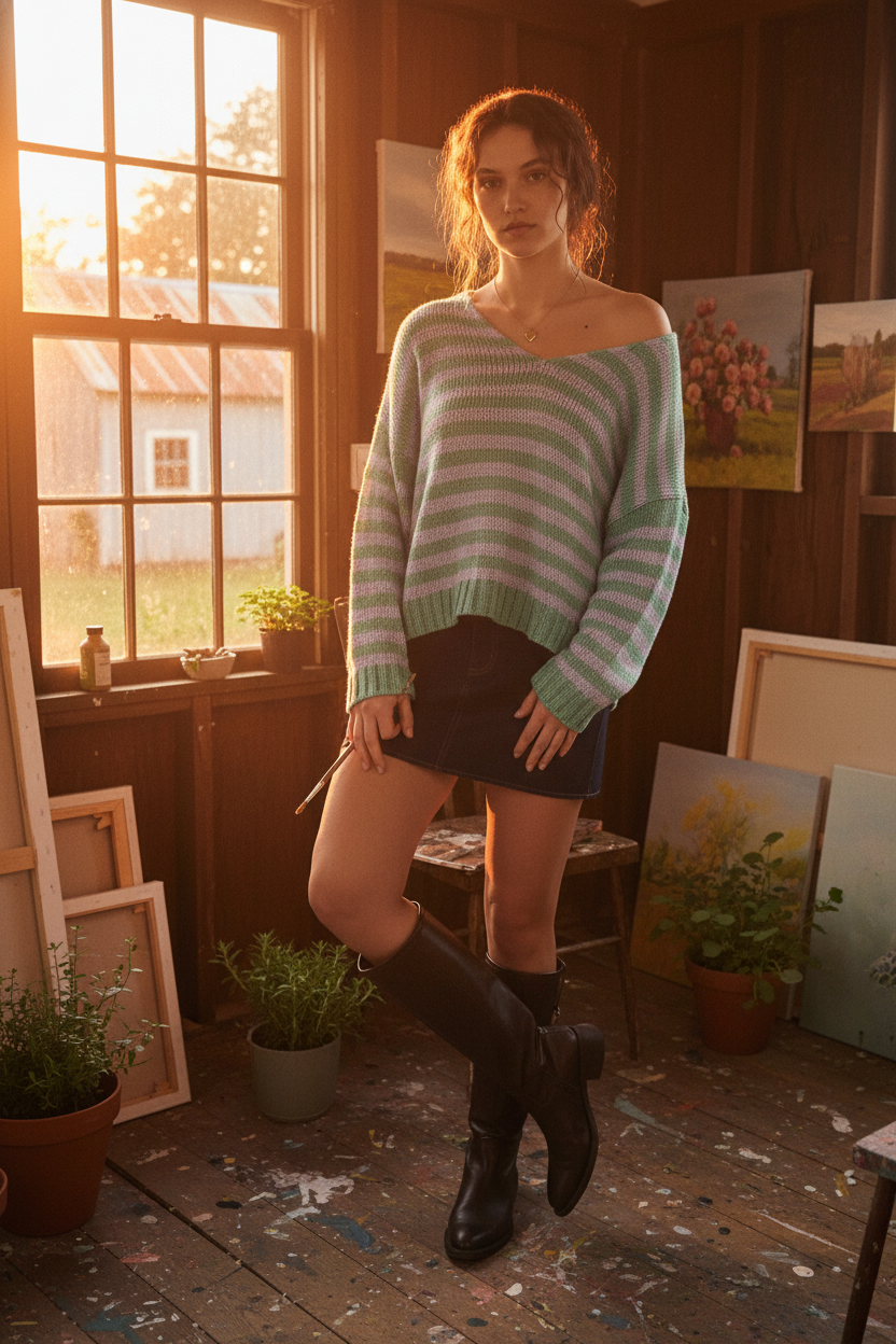 [AI-GEN] V-NECK LONG SLEEVE STRIPE SWEATER TOP