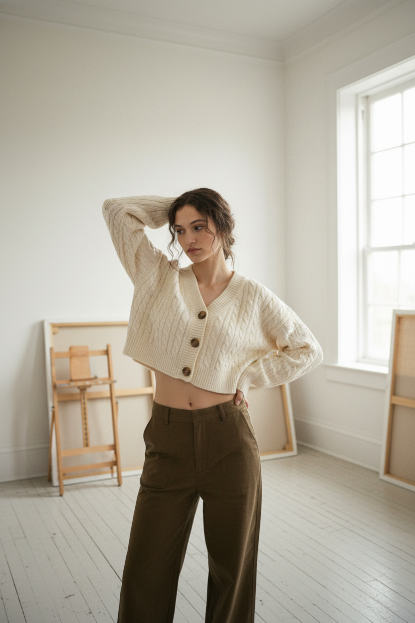 [AI-GEN] OFF-SHOULDER BUTTON DOWN SWEATER TOP