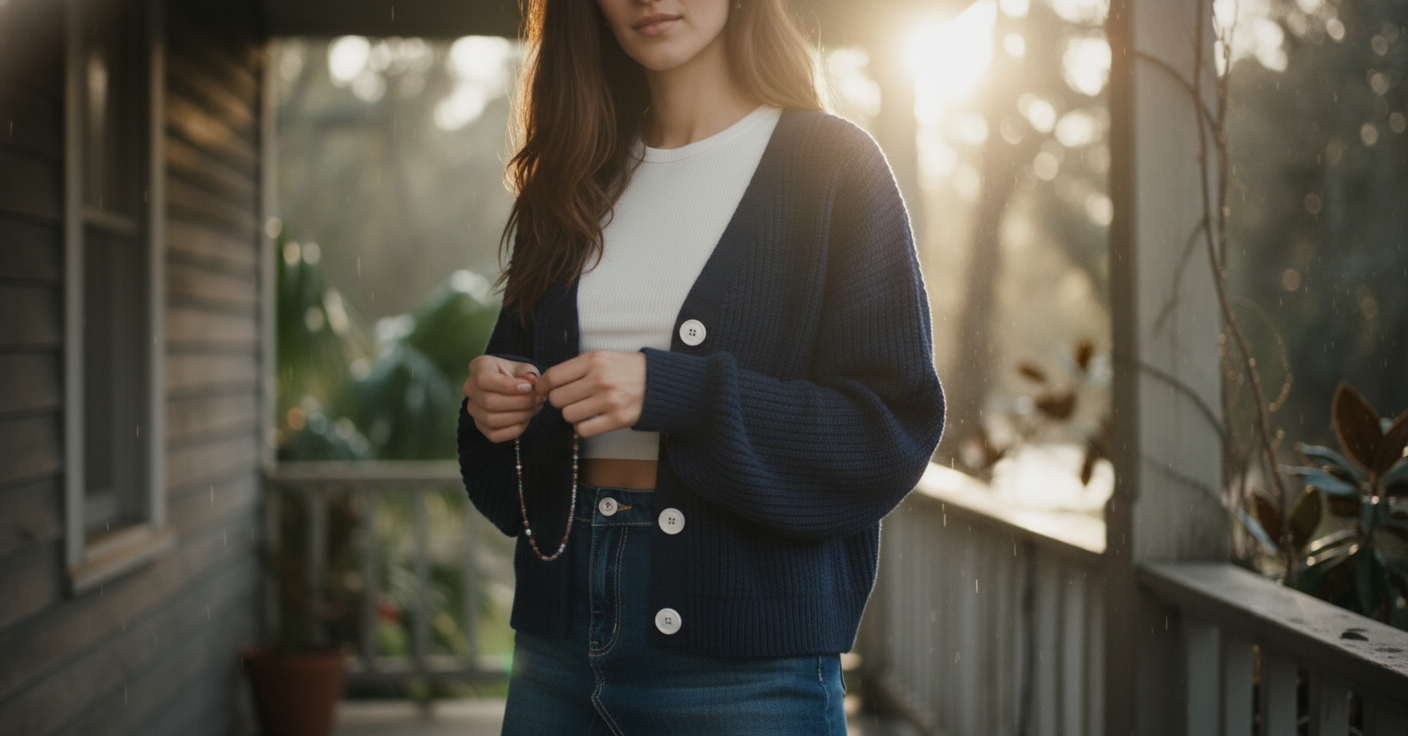 [AI-GEN] LONG SLEEVE CREW NECK WAFFLE KNIT CARDIGAN