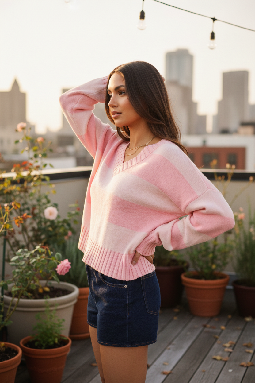 [AI-GEN] LONG SLEEVE V-NECK STRIPE CROP SWEATER
