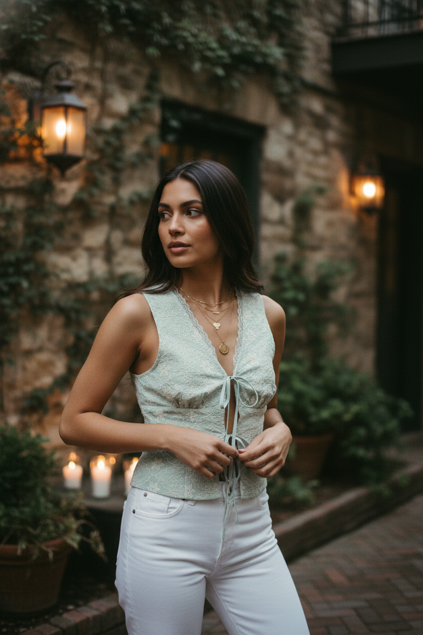 [AI-GEN] FRONT TIE DETAIL EYELET TOP