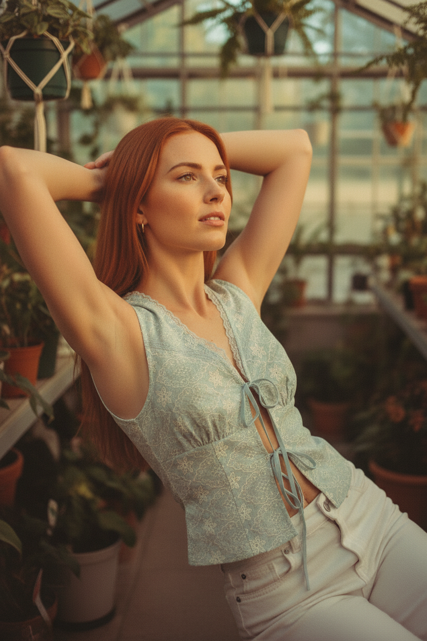 [AI-GEN] FRONT TIE DETAIL EYELET TOP