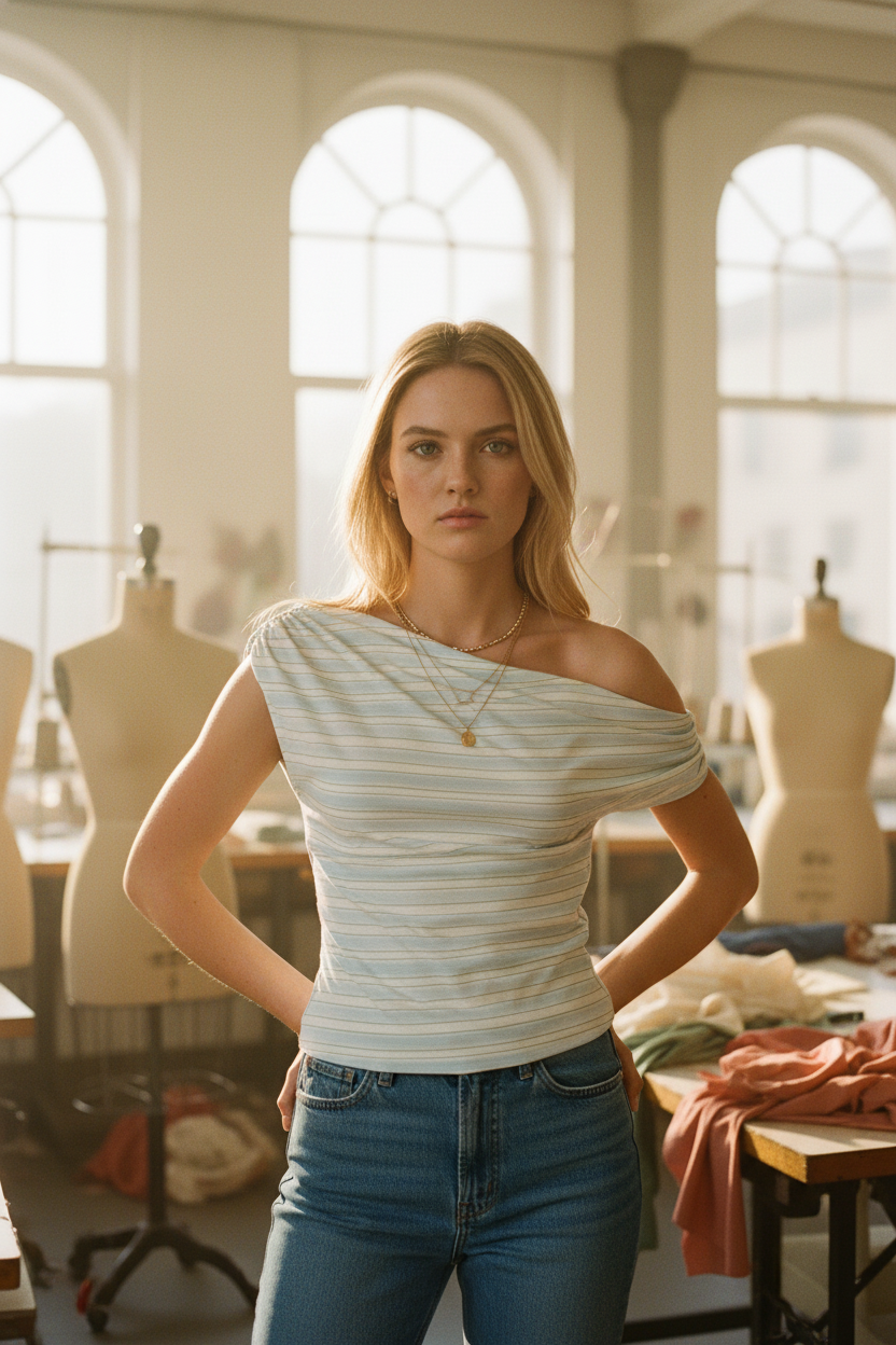[AI-GEN] ONE SIDE OFF SHOULDER STRIPE PRINTED KNIT TOP