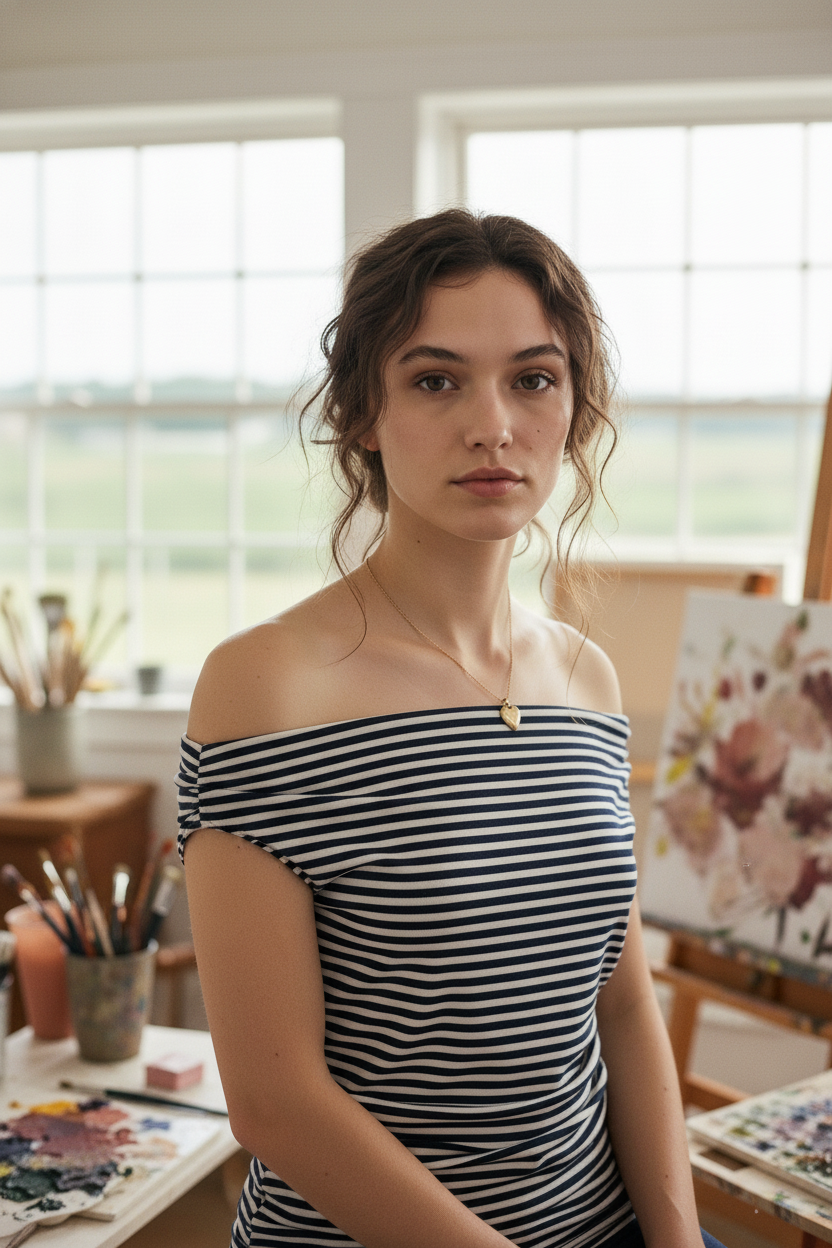 [AI-GEN] STRIPE OFF THE SHOULDER DOUBLE LINED TOP WITH RUCHING