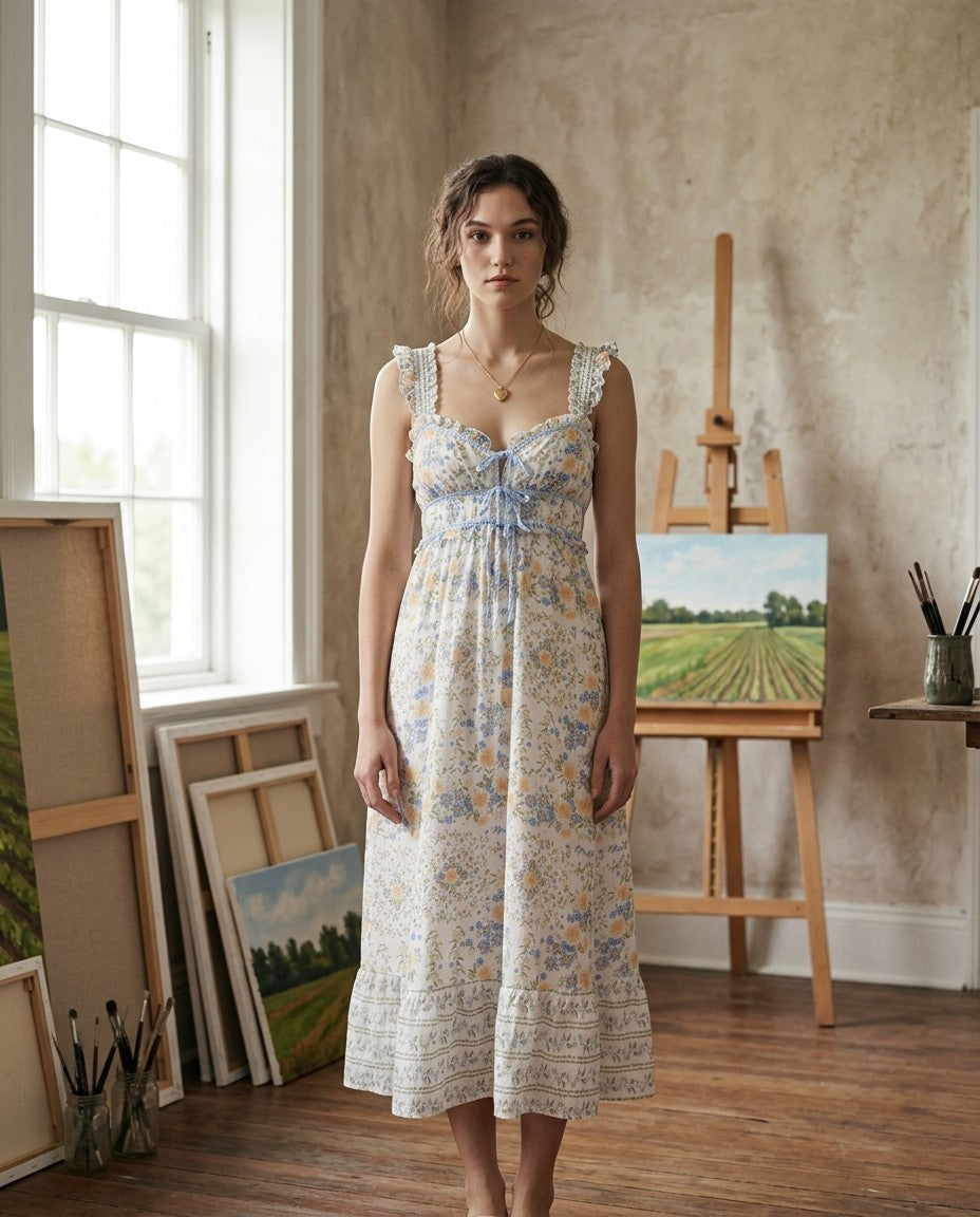 [AI-GEN] Border Floral Sleeveless Front Tie Midi Dress