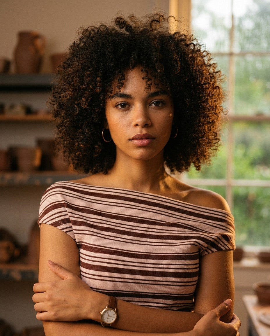 [AI-GEN] ASYMMETRICAL NECK STRIPED SWEATER TOP