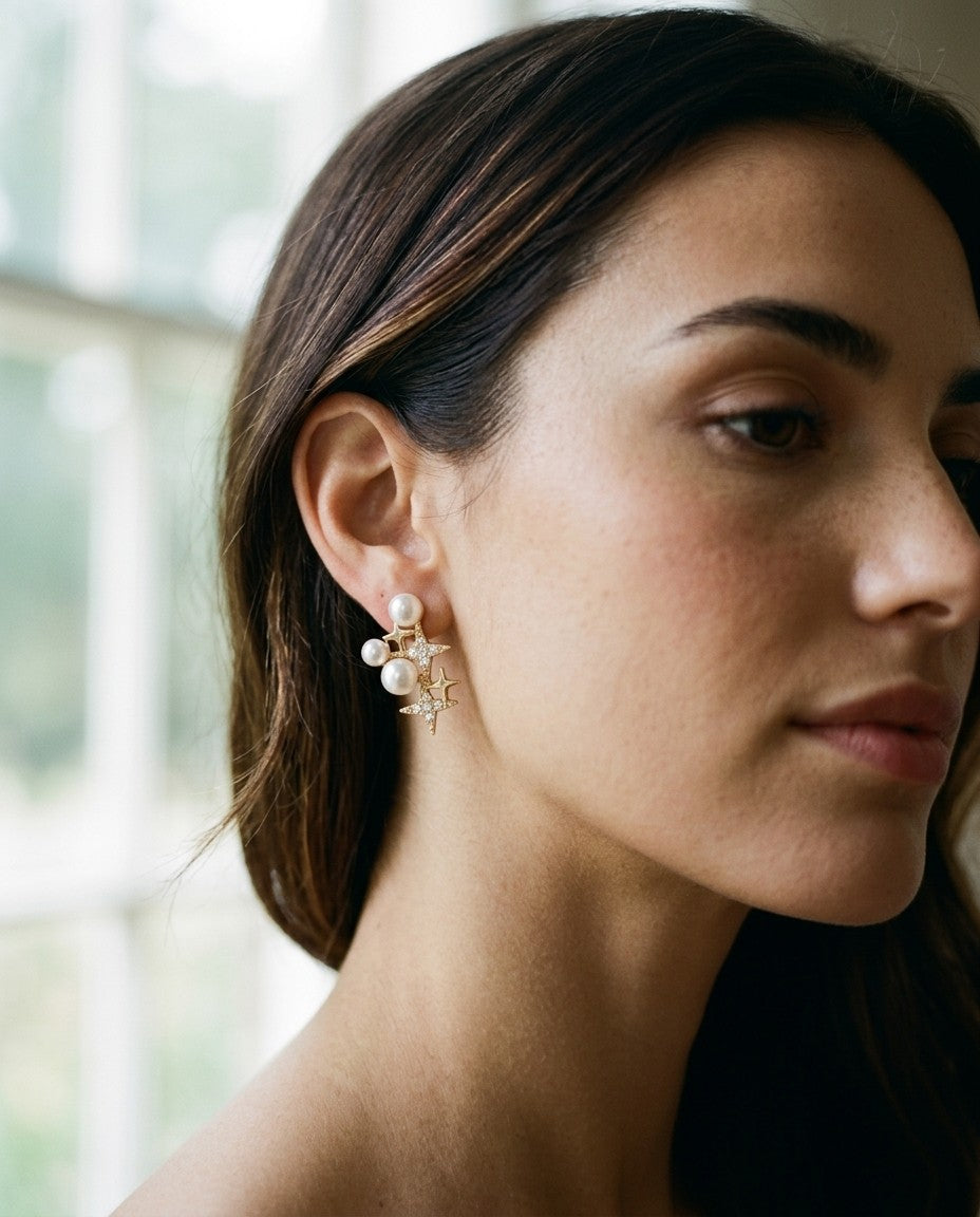 [AI-GEN] Pearl Cubic Zirconia Star Stud Earrings