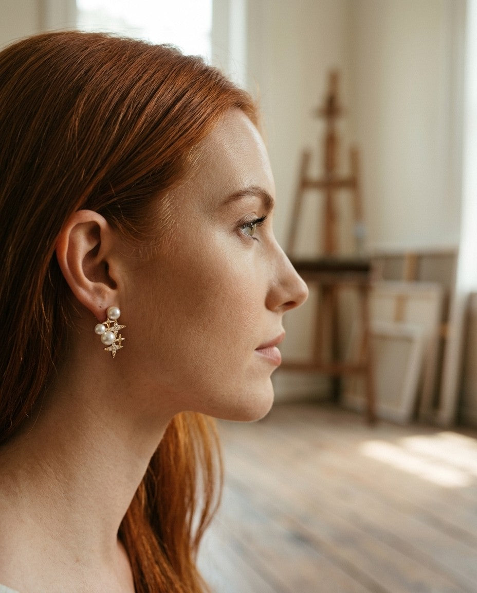 [AI-GEN] Pearl Cubic Zirconia Star Stud Earrings