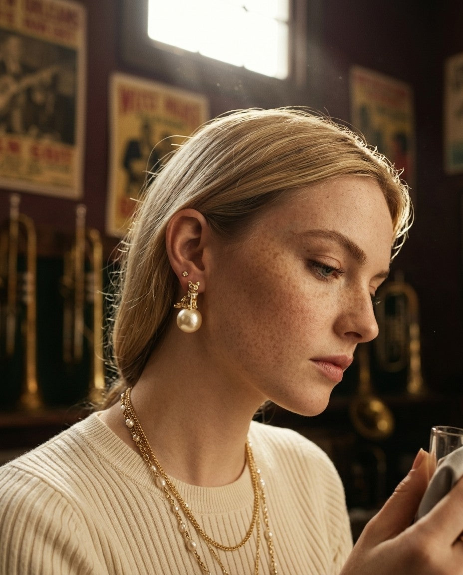 [AI-GEN] Artisan Egyptian Cat Pearl Stud Earrings